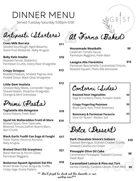 Grist menu in Dayton, Ohio, USA