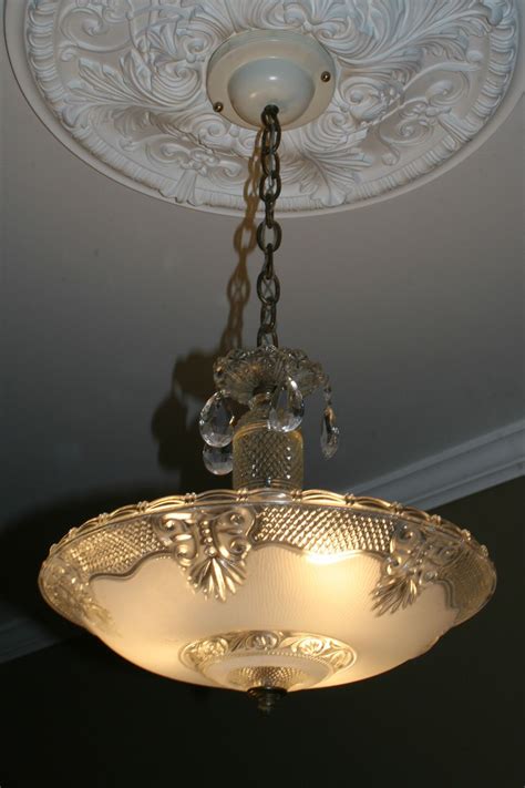 Antique vintage glass deco light fixture ceiling chandelier frosted ...