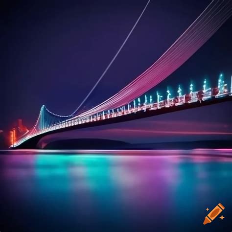 Nighttime view of a suspension bridge with led lights on Craiyon