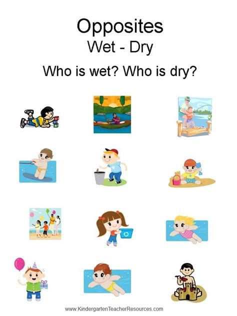 Kindergarten Worksheets - Opposites - Wet / dry