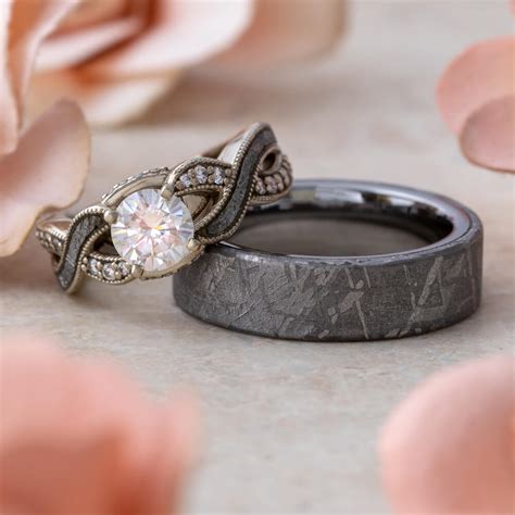 Meteorite Wedding Ring Set with Diamond Ring | Jewelry by Johan