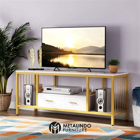 Meja TV Minimalis Industrial Modern Kaki Besi Top Marmer - Metalindo Furniture