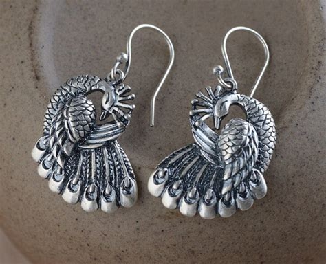 Silver Peacock Earrings Drop earrings women's Peacock | Etsy