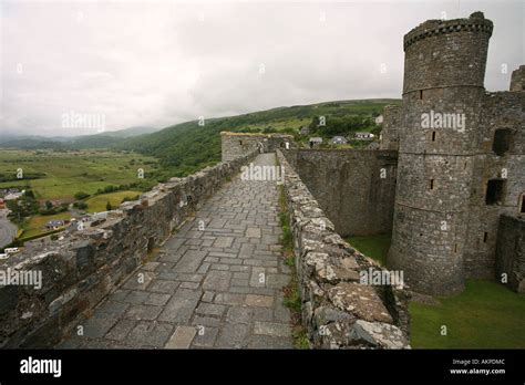 Aerial view of battlements ramparts and stone walls of Harlech castle ...