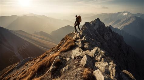 Man On Top Of A Mountain Standing On The Edge Background, Picture Of ...