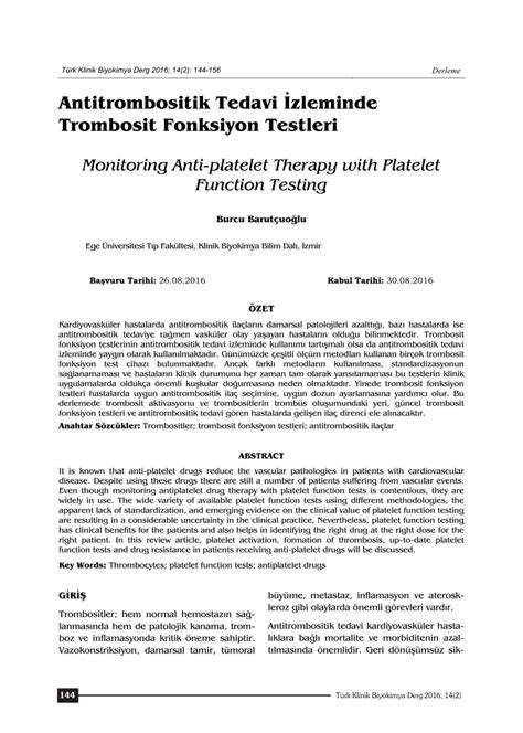 (PDF) Antitrombositik Tedavi İzleminde Trombosit Fonksiyon Testleri Monitoring Anti-platelet ...