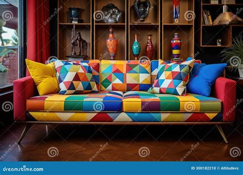 A Colorful Mid-century Modern Sofa with Geometric Patterned Pillows ...