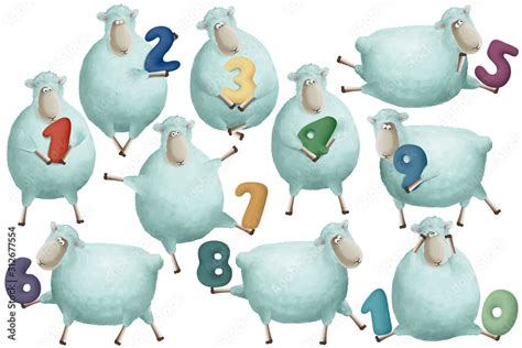 Learn count to 10 with kids. Cute little sheep with numbers on white background. Clip art set ...