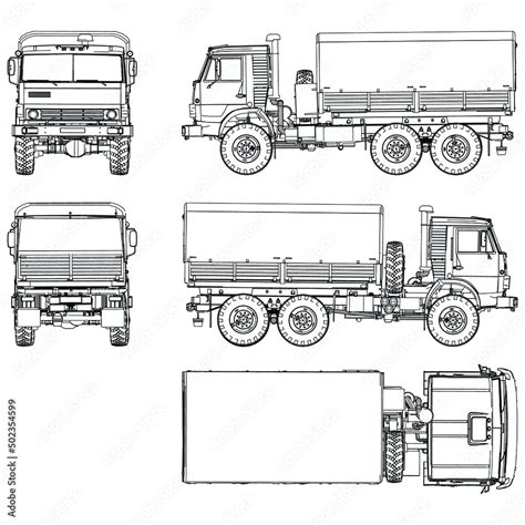 Outline drawing of army truck on white background. Vector Military machine. Military vehicle ...