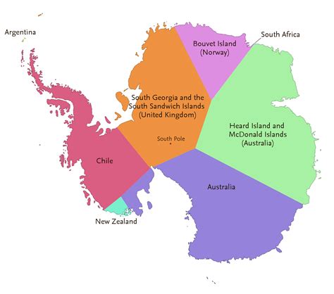 Antarctica divided into regions depending on which country (or dependency) is closest to any ...