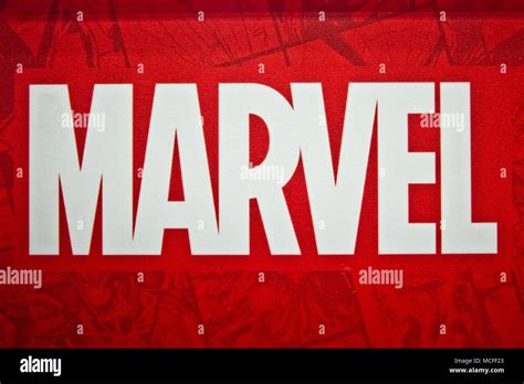 Marvel logo sign printed on banner. Marvel Comics Group is a publisher ...