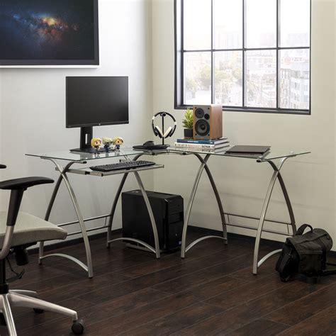 Modern Glass and Metal Rounded Frame L-Shaped Corner Computer Desk by ...