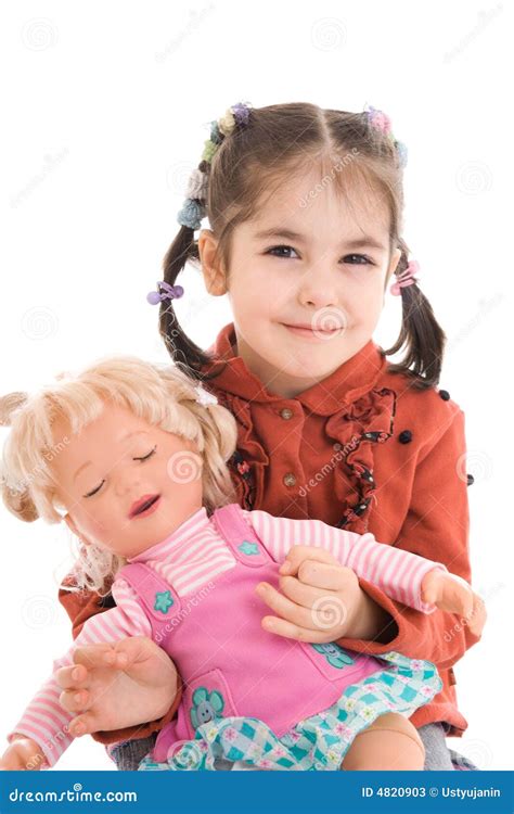 The Little Girl With A Doll Isolated On A White Stock Image - Image of female, children: 4820903