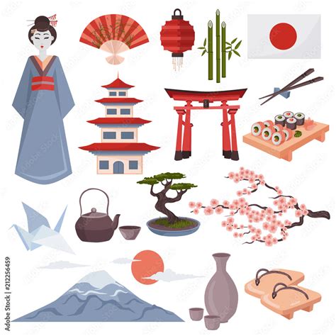 Japanese symbols vector illustration. Colorful set of Japan culture ...