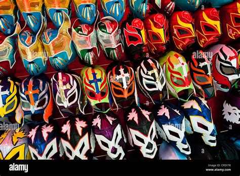 Colorful Lucha libre (Mexican wrestling) masks for sale on a stall at a ...