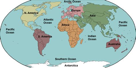 map of world with continents and oceans labeled | History projects ...