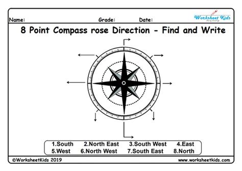 8 Point Compass Directions Find and Write - Free Printable Worksheet