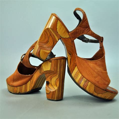 Outrageous Wood Platform Heels Vintage 70s Hip and Mod Leather