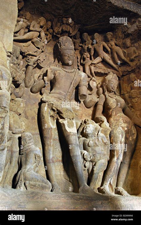 Cave 1 : Gangadhara Shiva Sculpture , left of the Trimurti colossus, Elephanta Caves, Mumbai ...