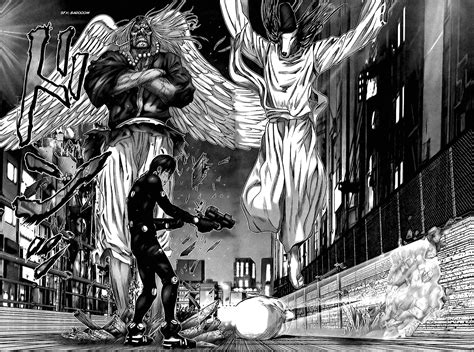 an image of two people standing in the middle of a street with angel above them