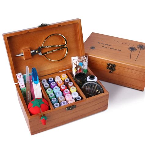 Natural Wood Multi function Sewing Kit Box Household Hand Sewing Box Kit Set Cross Stitch ...