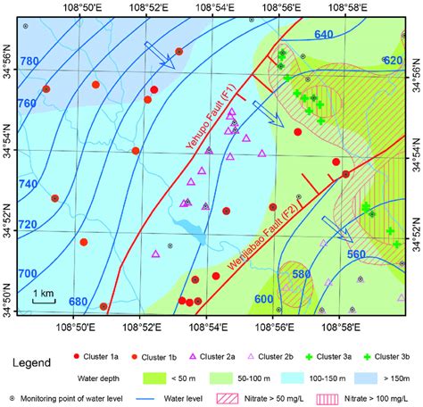 Map showing the hydraulic head pattern, groundwater flow direction,... | Download Scientific Diagram