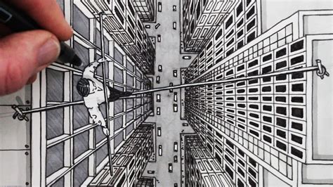 How to Draw using 1-Point Perspective: City Bird's Eye View Tightrope Walker - YouTube