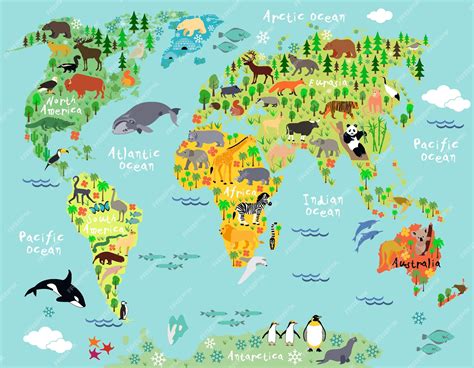 Premium Vector | Animal map of the world for children and kids