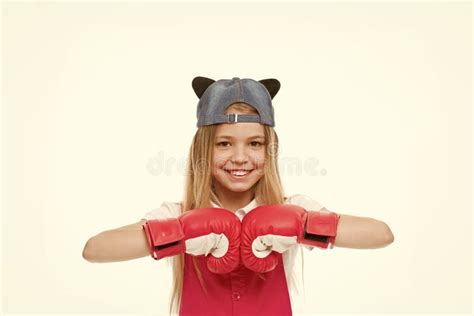 Happy Child in Boxing Gloves Isolated on White. Little Girl Smile before Training or Workout ...