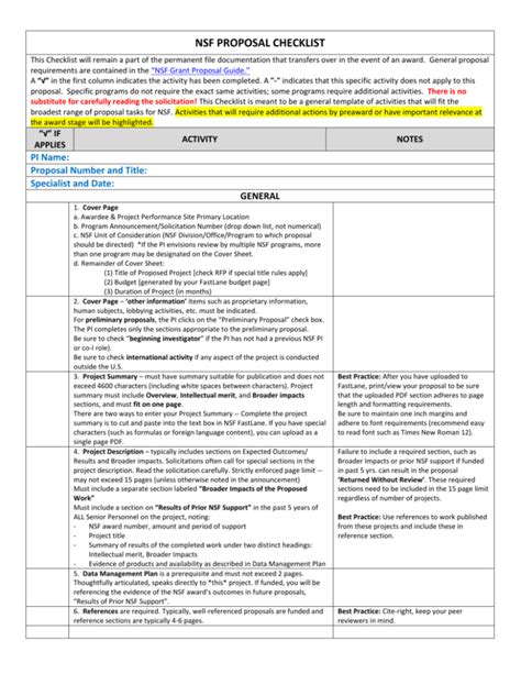 NSF Proposal Checklist