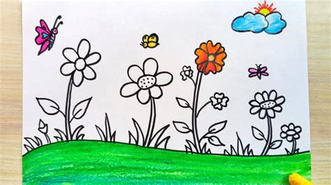 How to draw flower garden | Flower Garden drawing step by step | Spring season flower garden ...