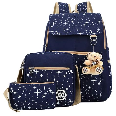 3Pcs/Set Women Star Printing Canvas Backpack Middle School Students Cute Schoolbags for Teenage ...