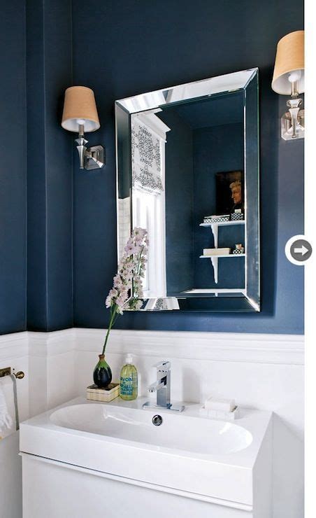 Navy and white powder room. Dark navy paint color , white bead board ...