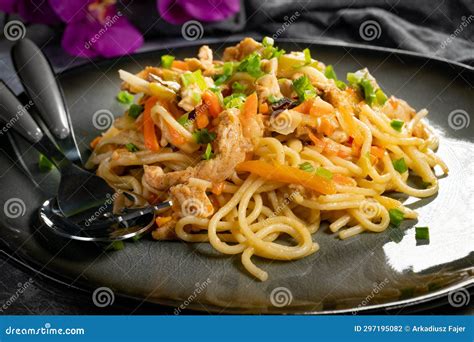 Fried Noodles with Chicken and Vegetables Stock Photo - Image of ...