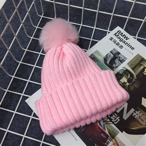 New Pom Poms Winter Hat Knitted Thickened Cotton Women's Hat Warm Pom Poms Hats For Women Girl ...