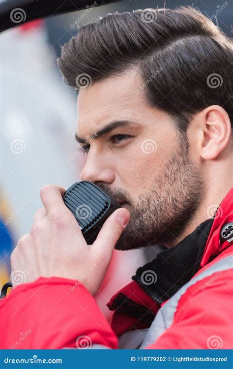 Portrait of Young Handsome Male Paramedic Standing Near Ambulance and Talking Stock Photo ...