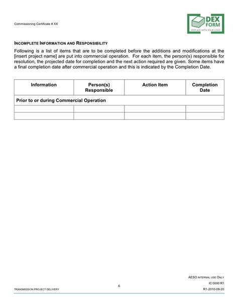 Commissioning certificate template in Word and Pdf formats - page 6 of 6