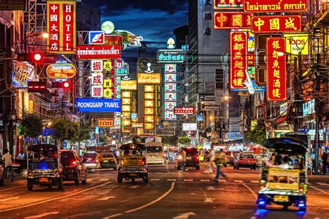 Neon lights and traffic on Yaowarat Road at night In Chinatown, Bangkok Bangkok Thailand ...