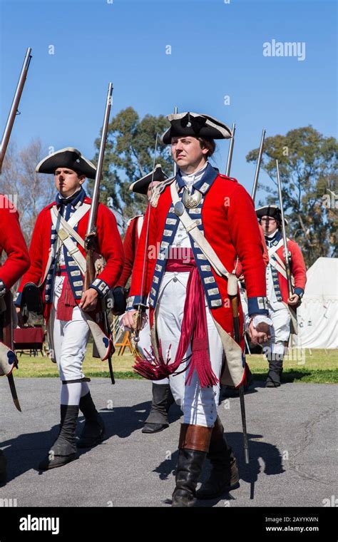 British redcoat soldiers marching during a reenactment of the American revolution in "Huntington ...