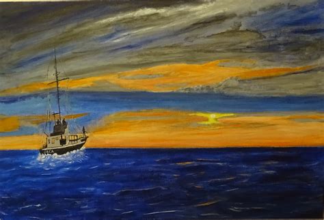 Fishing boat at sunset - Acrylic, in Recent Artwork