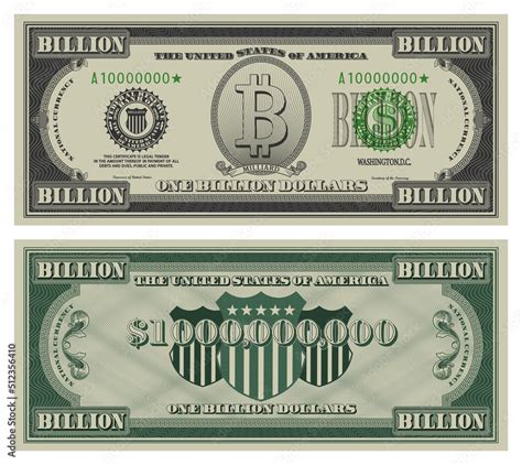 Vector one billion dollars banknote. Gray obverse and green reverse fictional US paper money in ...