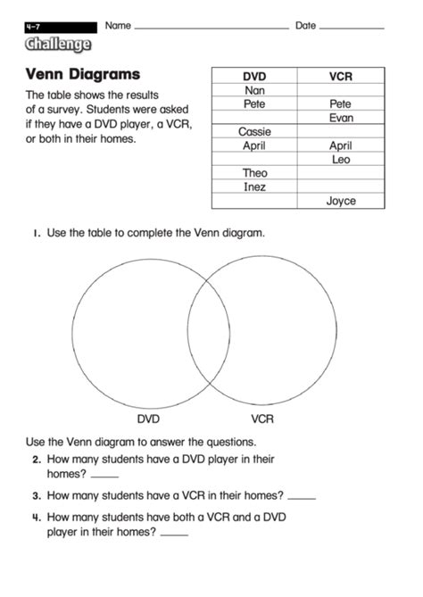 Venn Diagrams - Diagram Worksheet With Answers printable pdf download