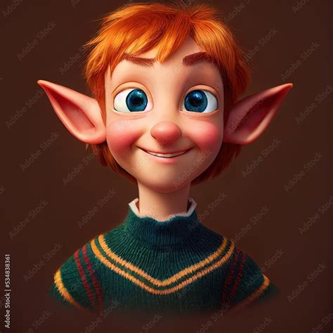 Young red haired smiling male forest elf. Cartoon big eyed close up portrait. Animated movie ...