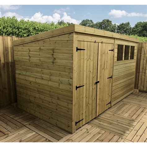 14 X 5 Pressure Treated Tongue And Groove Pent Shed With 3 Windows And Double Doors + Safety ...