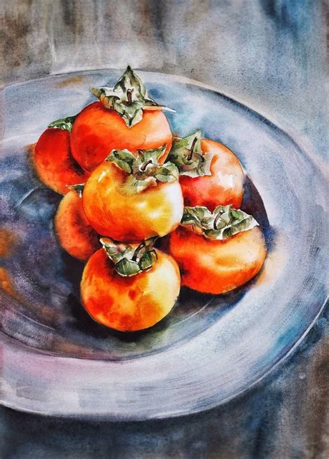 Still life with persimmons - original watercolor orange and grey color ...