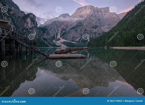 Sunrise at Lago di Braies stock image. Image of reflections - 302173853