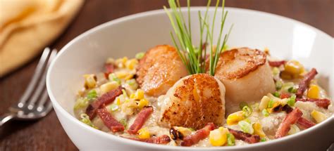 Duck Fat Seared Scallops Over Cheddar Duck Corn… | Maple Leaf Farms