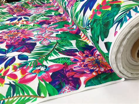 TROPICAL FLOWER ORCHID Palm Leaf Cotton Fabric for Curtains Upholstery ...