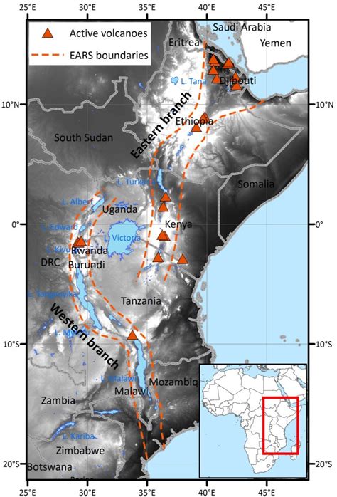 Extension of the East African Rift Systems showing the two branches ...