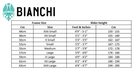 Bianchi Road Bike Size Chart